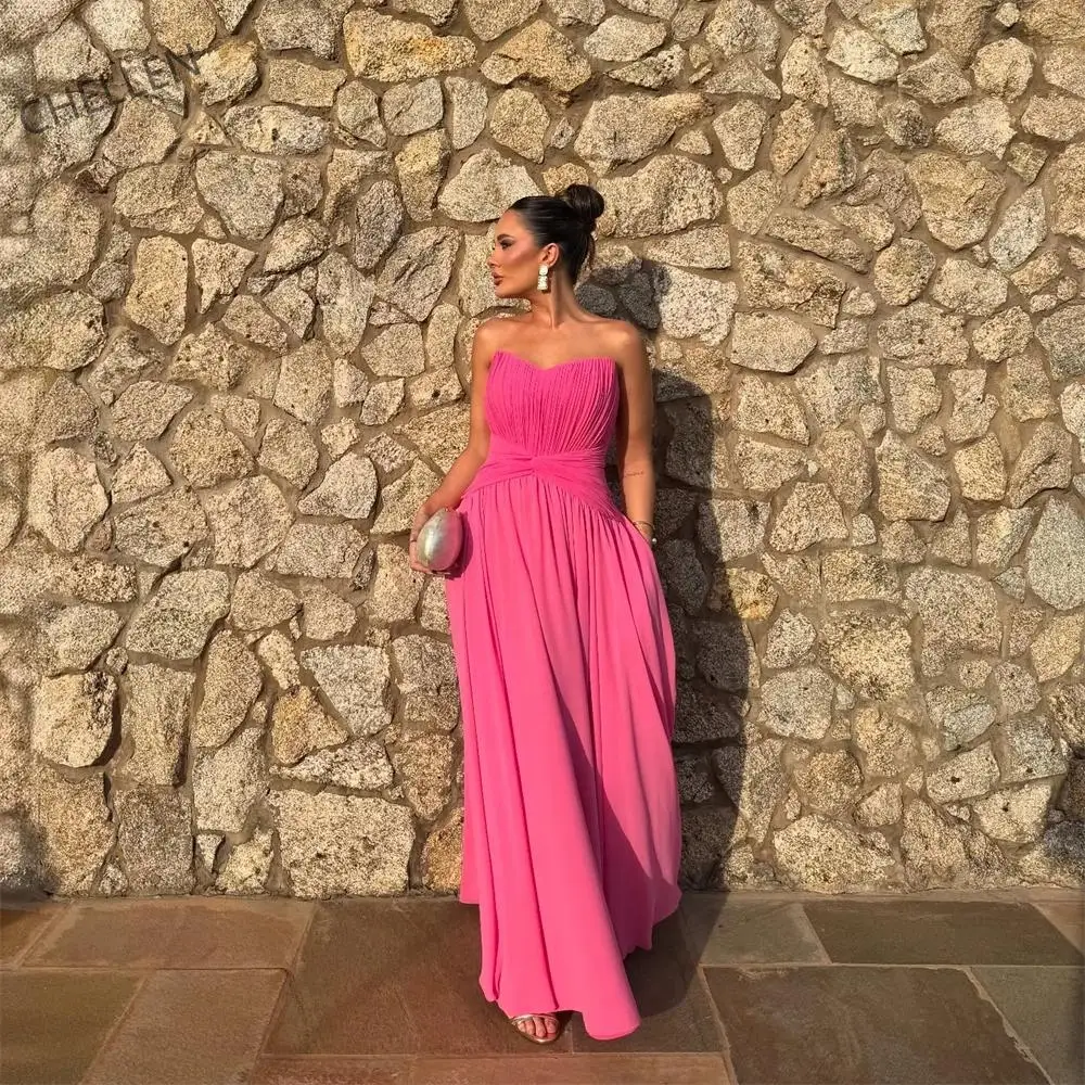 

Customized Rose Red Strapless Multilayer Pleats Prom Dress A-line Vestidos De Noche Floor-length Formal Evening Dress