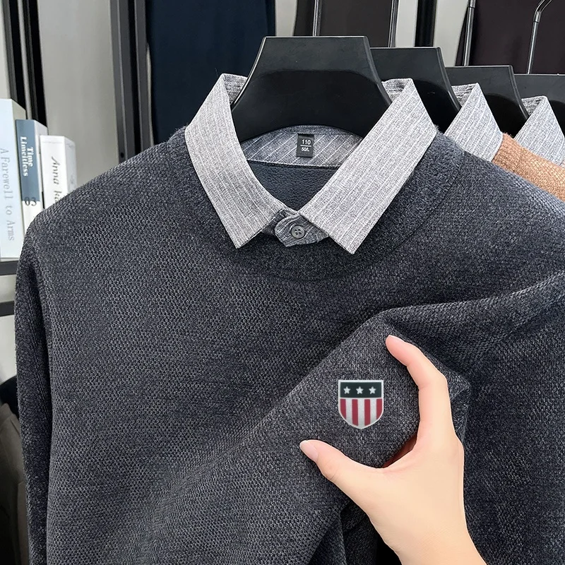

Premium Quality Men's Knitted Shirt Plush Thick Soft Solid Color Flag Print Hoodie Winter Shirt Collar Versatile Warm Menswear