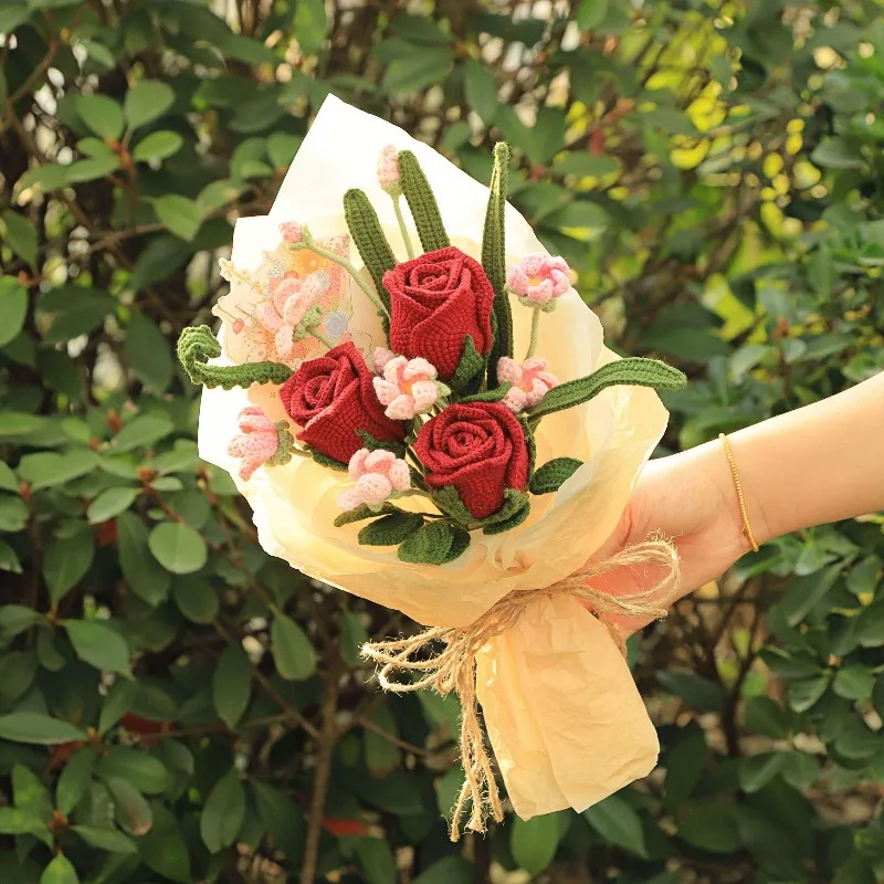 

Birthday & Women's Day Gift, Handmade Crochet Rose Bouquet, Artificial Knitted Flower for Everlasting Home Decor
