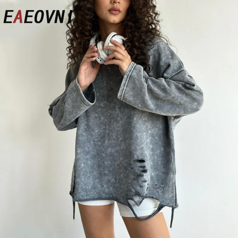 

EAEOVNI винтажная женская футболка с дырками, модная свободная блузка с круглым вырезом и длинными рукавами, High Street, новинка весны 2024, 1A324