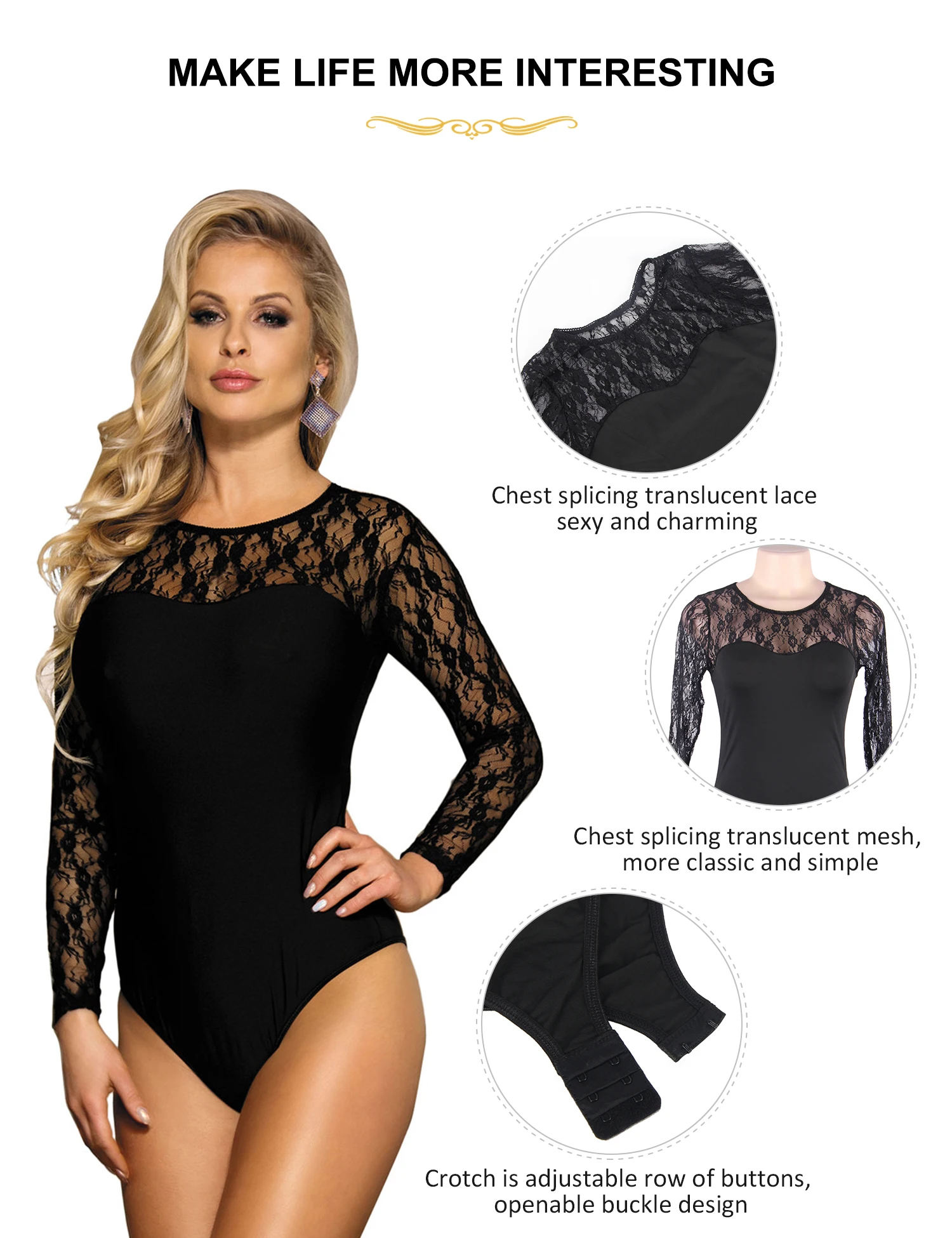 Ohyeahlady-Women's Lace Teddy Bodycon Leotard, bodysuit sexy preto, pijama, macacão grande, manga comprida Romper, lingerie, 1 peça