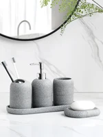 5Pcs Bathroom Accessories set Lotion Dispenser Toothbrush Holder Tray Tumbler Cup Soap Dish Beige and Grey 2
