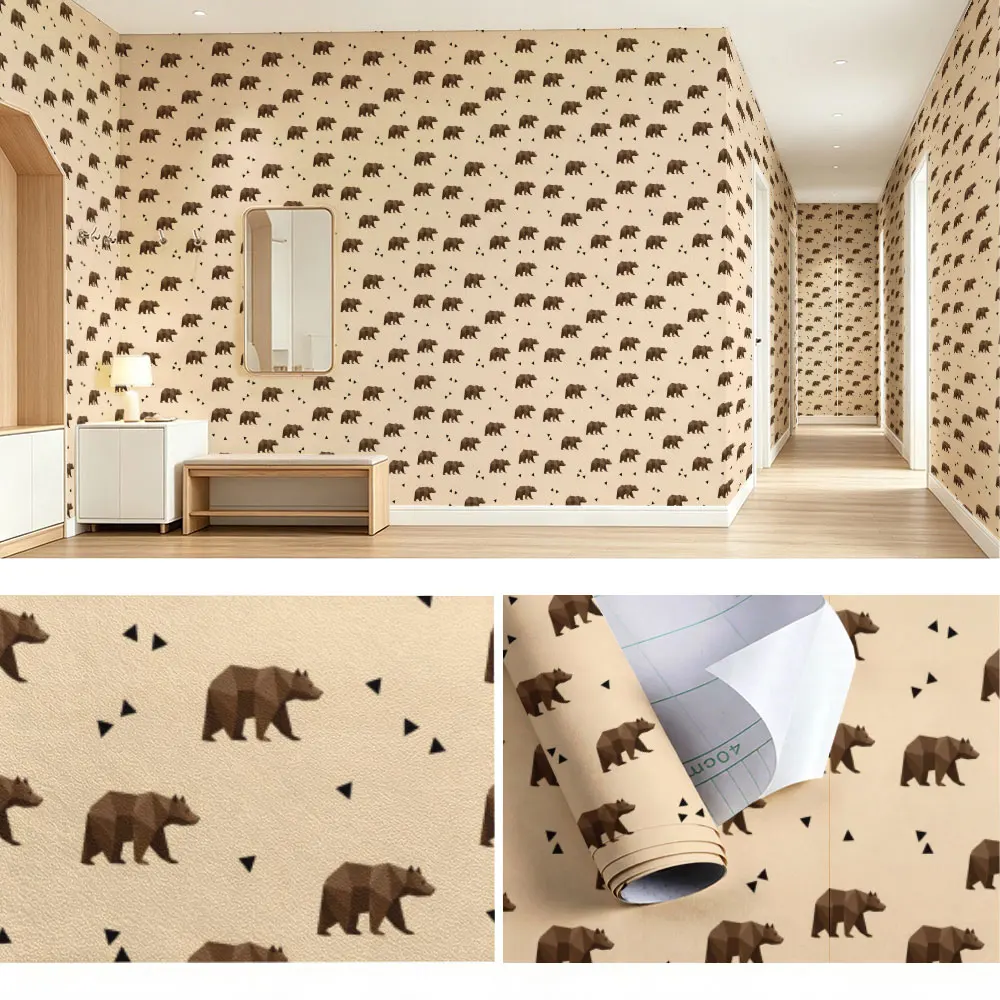 1pc Khaki Brown Bear Triangle Pattern Wallpaper PVC Self Adhesive Peel And Stick Wall Covering For Bedroom Living Room Rustic