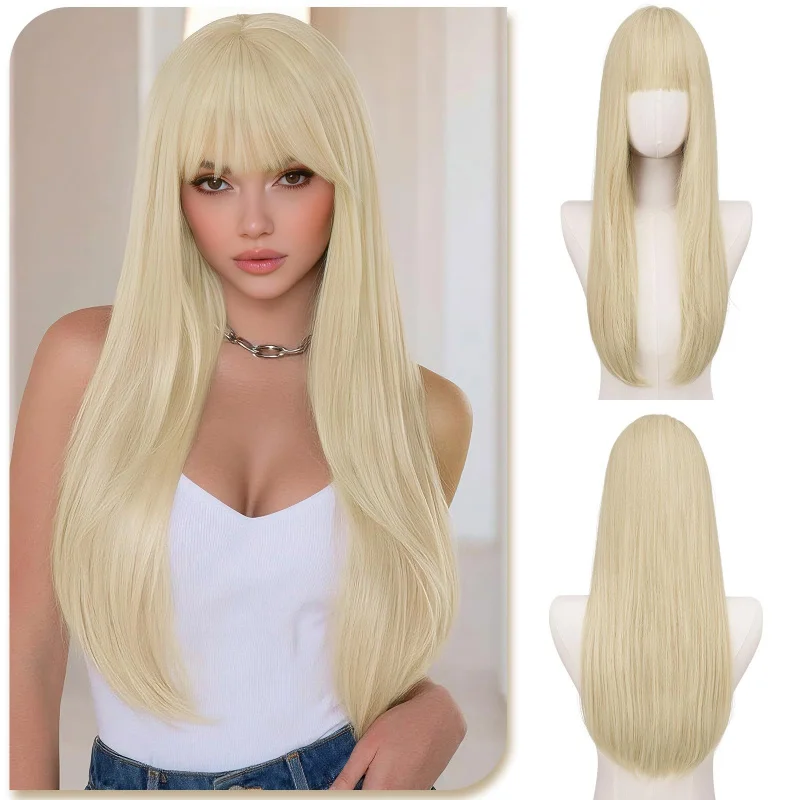 

New for European and American women, medium- , golden long straight hair with neat bangs, synthetic fiber wig