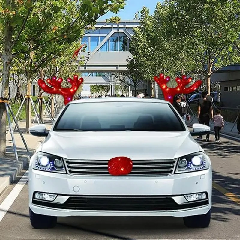 Светодиодные украшения в виде оленя Рудольф, рождественские рога северного оленя, красные украшения для носа, рога лося, автомобиль, носовой рог, костюм, набор декора