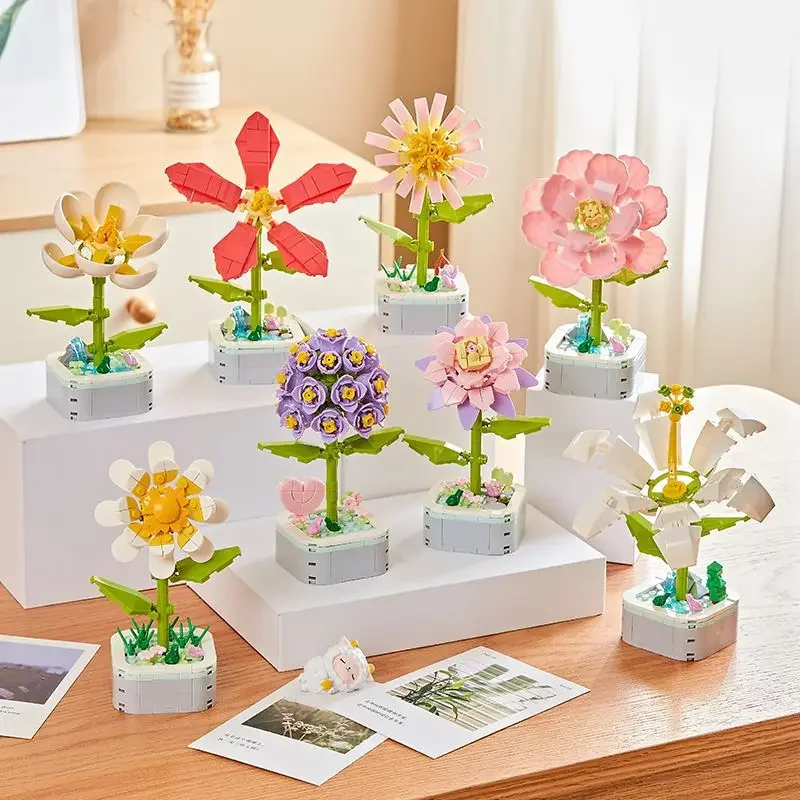 Rose Bouquet Orchid Beautiful Block Flower Succulents Potted Building Blocks Romantic Kit Assembly Building Toy girl gift