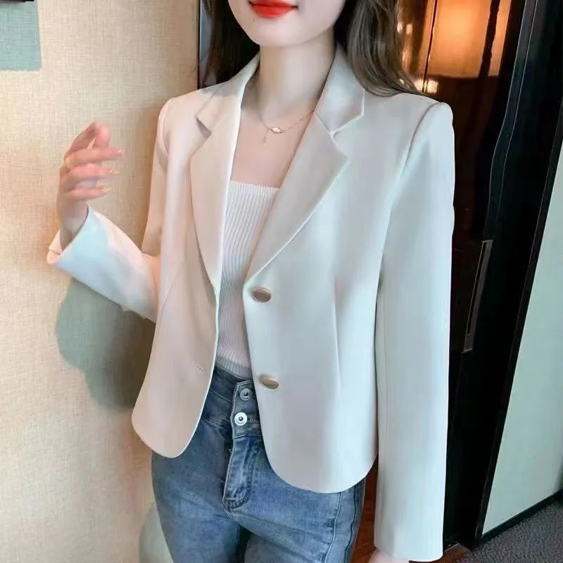 Xpqbb Korean Fashion Women\'s Blazers Solid Color Casual Long Sleeve Button Up Jackets Ladies Autumn Winter Short Suit Coats Lady