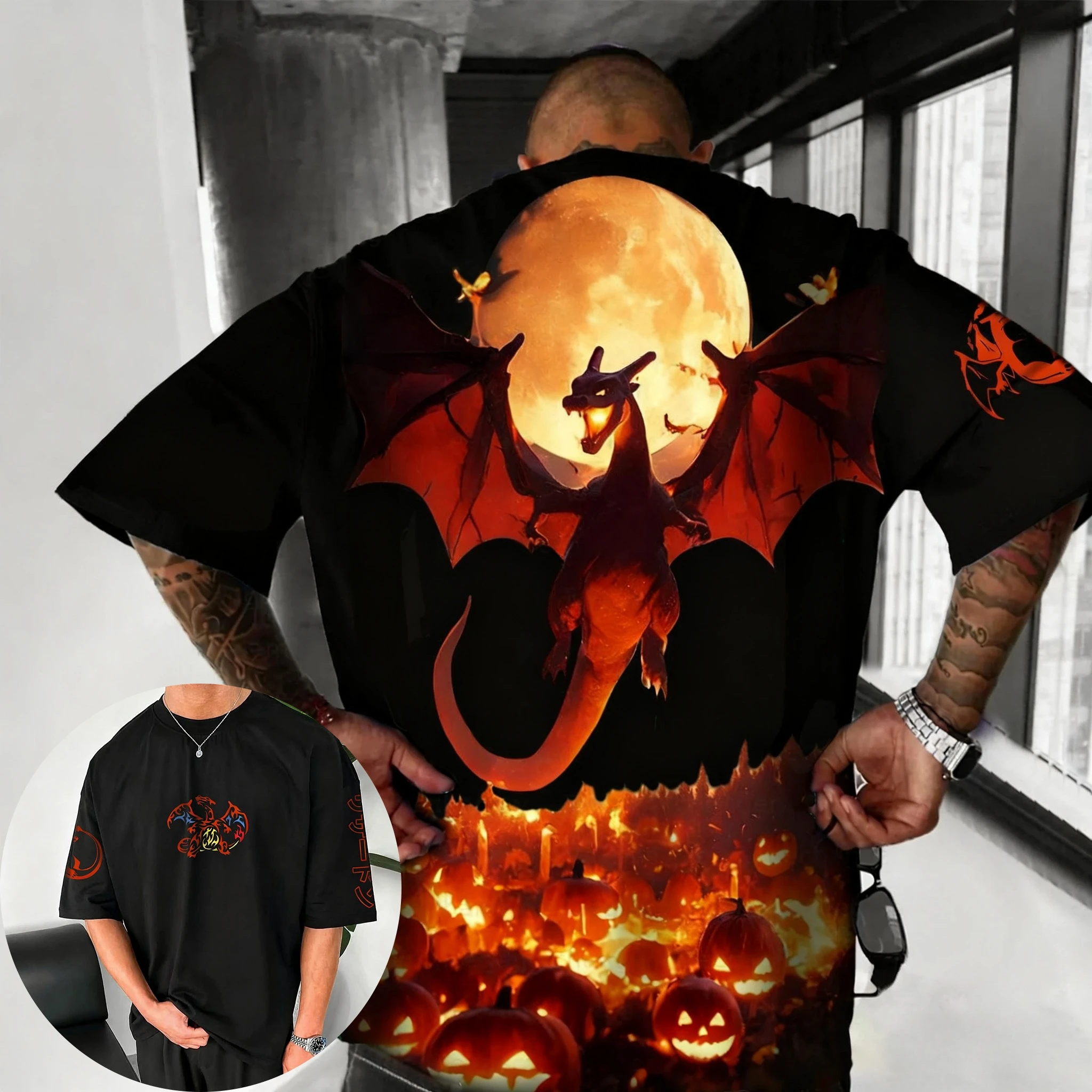 

Pokémon Anime Halloween Parent Child T-shirt Summer New Men's and Women's Printed Harajuku Large Casual Loose Short Sleeve Top