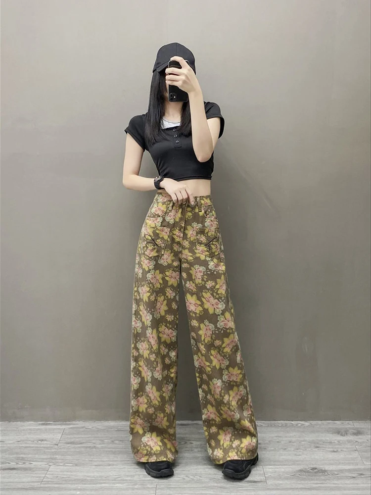 

Женские модные осенние новые свободные и универсальные повседневные брюки в пол в стиле Харадзюку, широкие джинсы большого размера с ретро-принтом