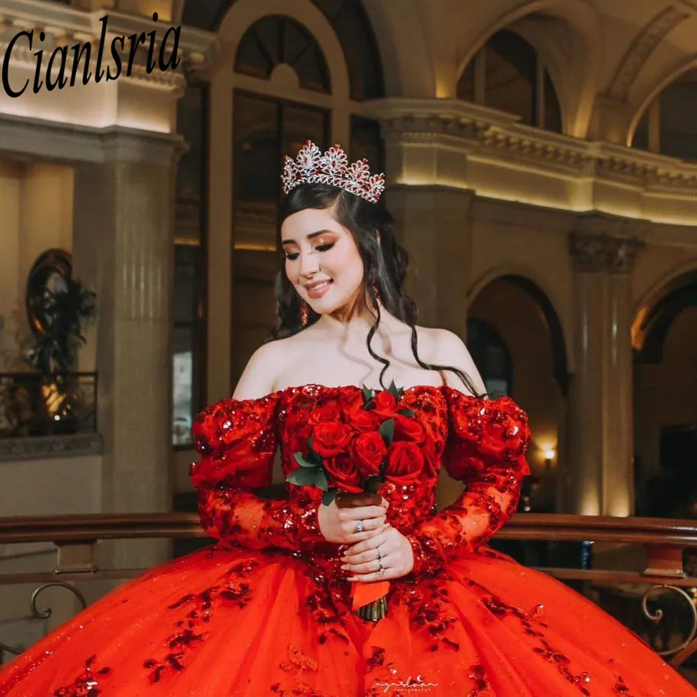 Robe Quinceanera en dentelle scintillante chérie rouge, robe de Rhformelle, robe de princesse d'anniversaire, 15, 16