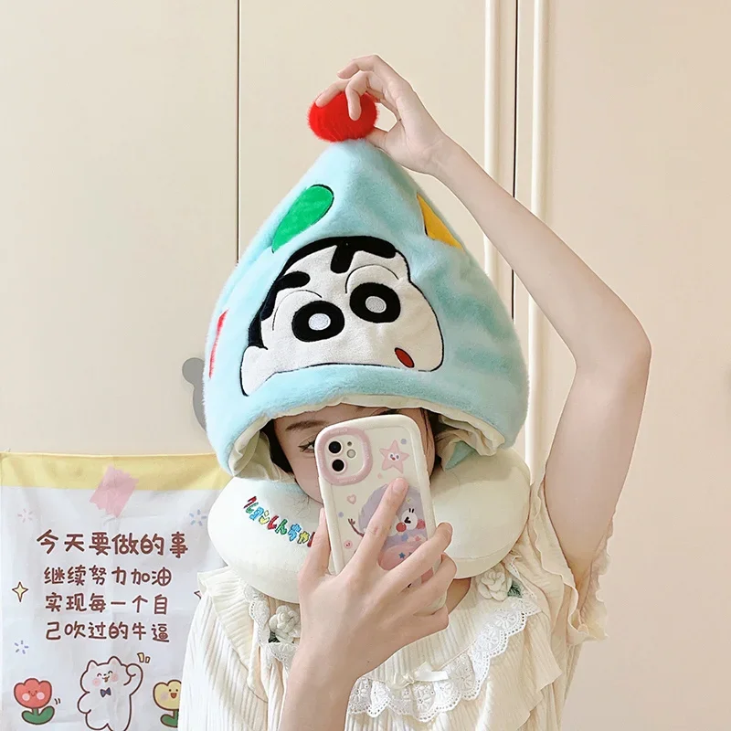 

Crayon Shin Chan мультяшная U-образная подушка для шеи Kawaii плюшевая дорожная поддержка шеи со шляпой затемняющие моющиеся рождественские подарки для девочек и детей
