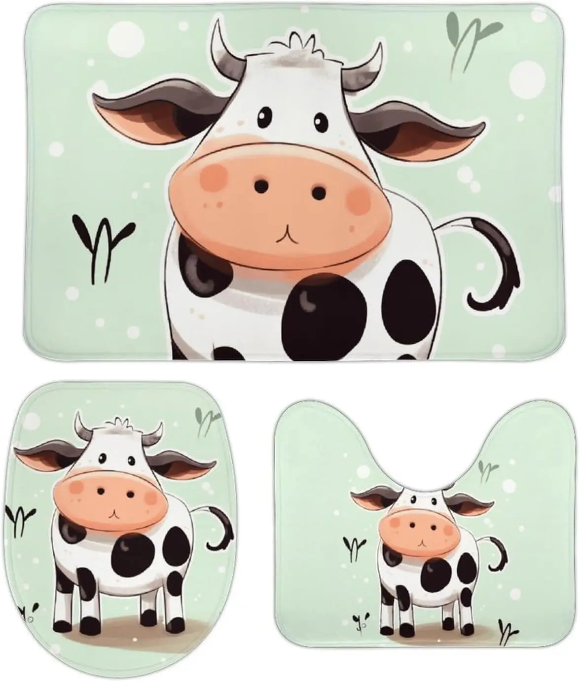3 Piece Bath Rug Set Non Slip Absorbent Bath Mat Contour Mat with Toilet Lid Cover Cute Cow Dot Soft Floor Mats for Bathroom