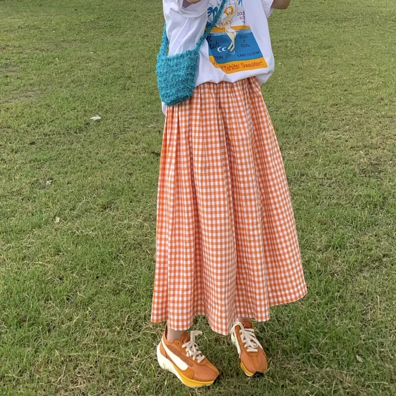 

Harajuku Plaid Skirts Women Streetwear High Waist Cargo A Line Midi Skirts Student Preppy Style Vintage Ball Gown Skirt