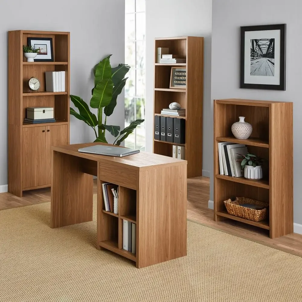 5-Shelf Bookcase with Doors Adjustable Storage Shelves Warm Walnut Finish Organize and Showcase Home Decor Hidden Storage Area