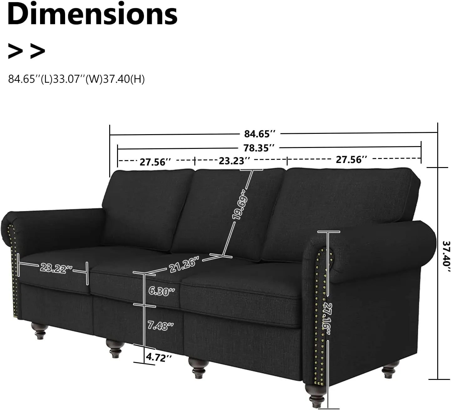 Sofa 3-osobowa z dwustronnymi poduszkami na plecy, nowoczesna kanapa ze zwijanymi ramionami do mieszkania w salonie, ciemnoszary