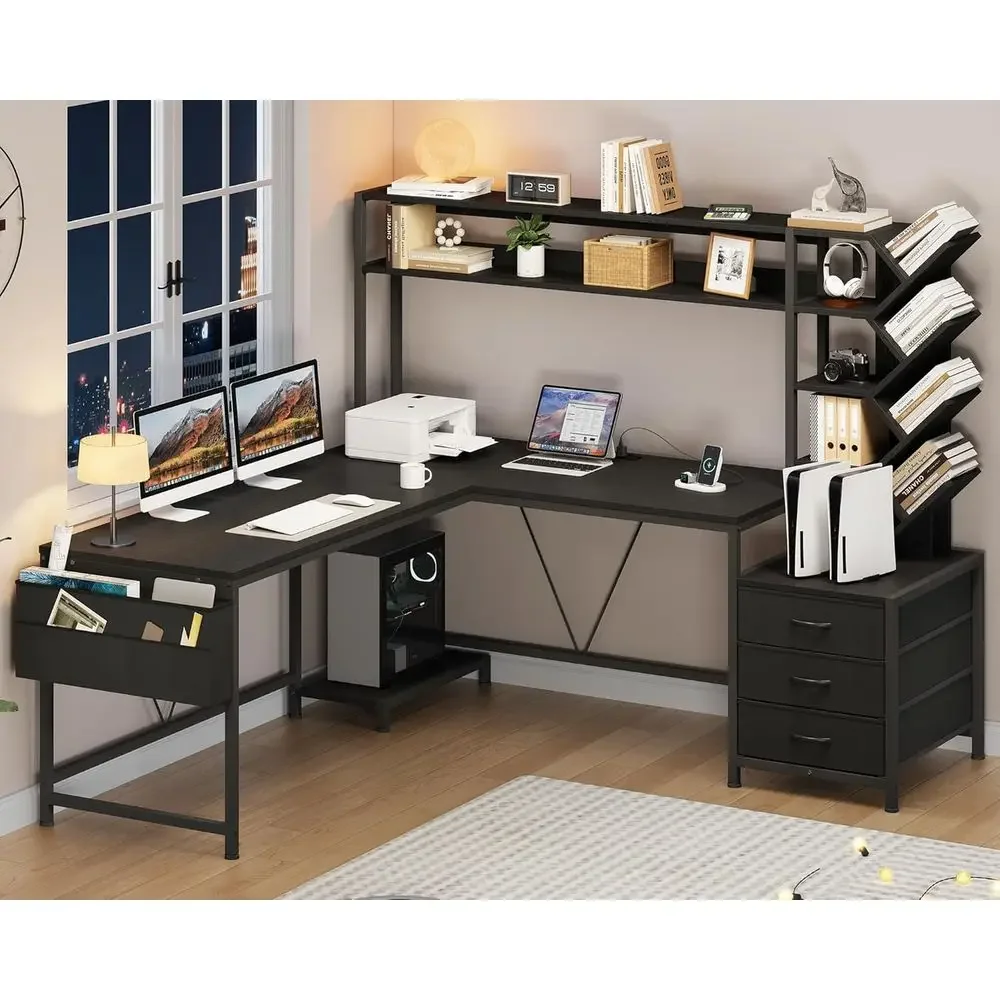 

Reversible L-Shaped Desk with Hutch, Storage Shelves and Bookshelf, Ideal for Home Office or Bedroom in Black