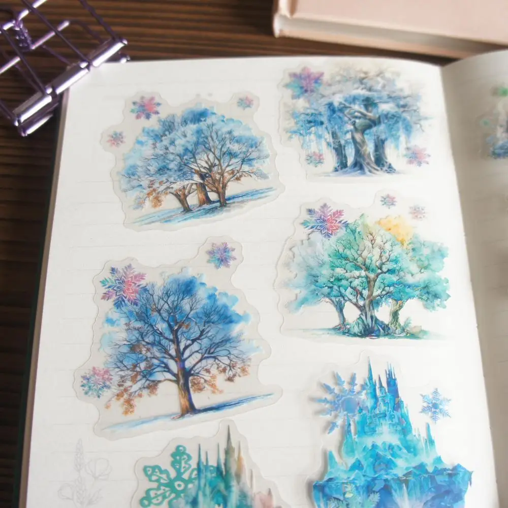 10 Pcs Forest Scenery in Winter Blue Castle Log Cabin Christmas Snow Style PVC Sticker Scrapbooking DIY Gift Decoration Tag