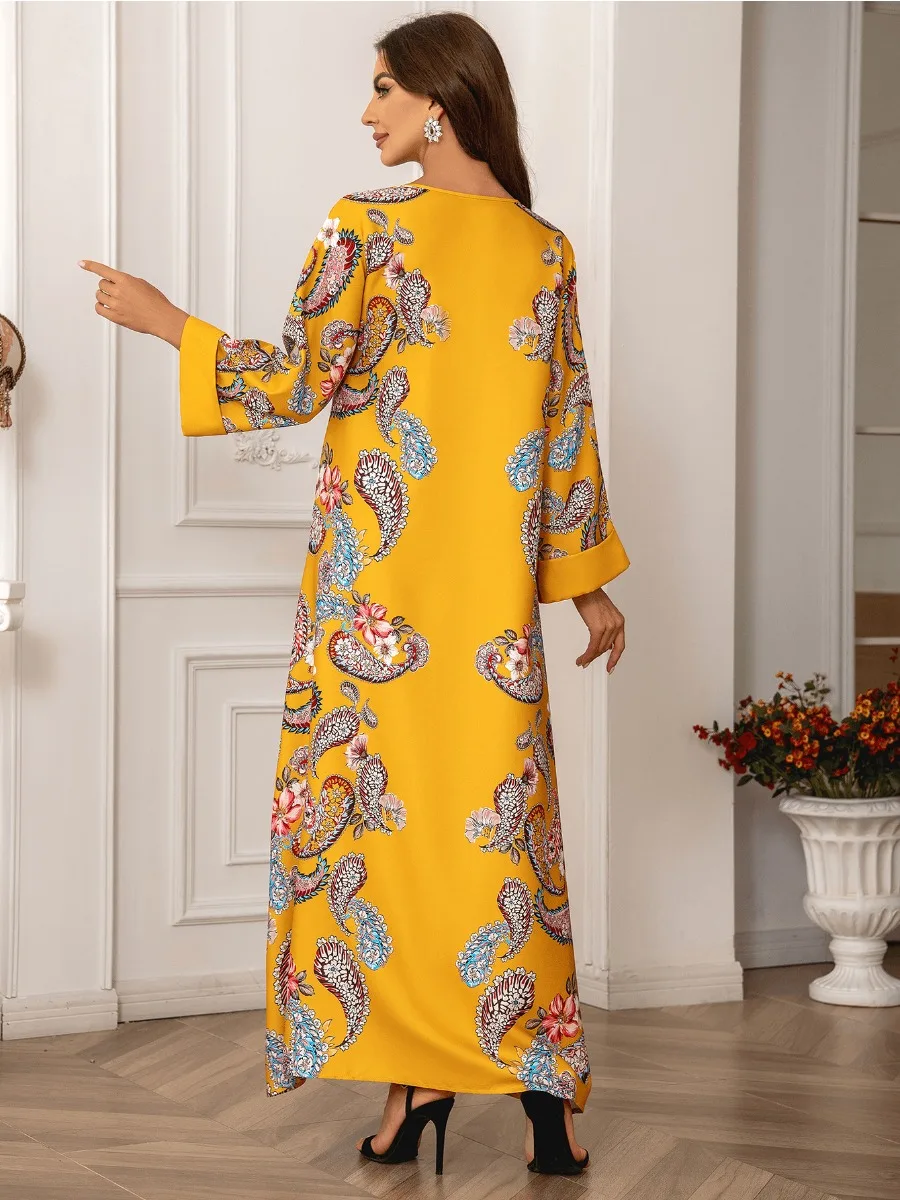 Eid Muslim Party Dress for Women Beading Print Long Dresses Ramadan Abaya Morocco Kaftan Vestidos Largos Dubai Robe Jalabiya