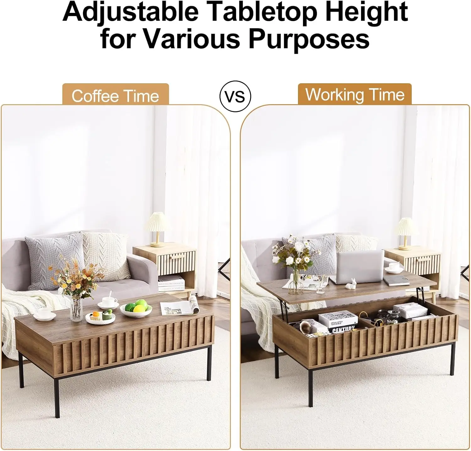 43" Farmhouse Lift-Up Top Coffee Table - Brown Wood Table with WavyGrain&HiddenStorage Compartment,Living Room/Office Furniture