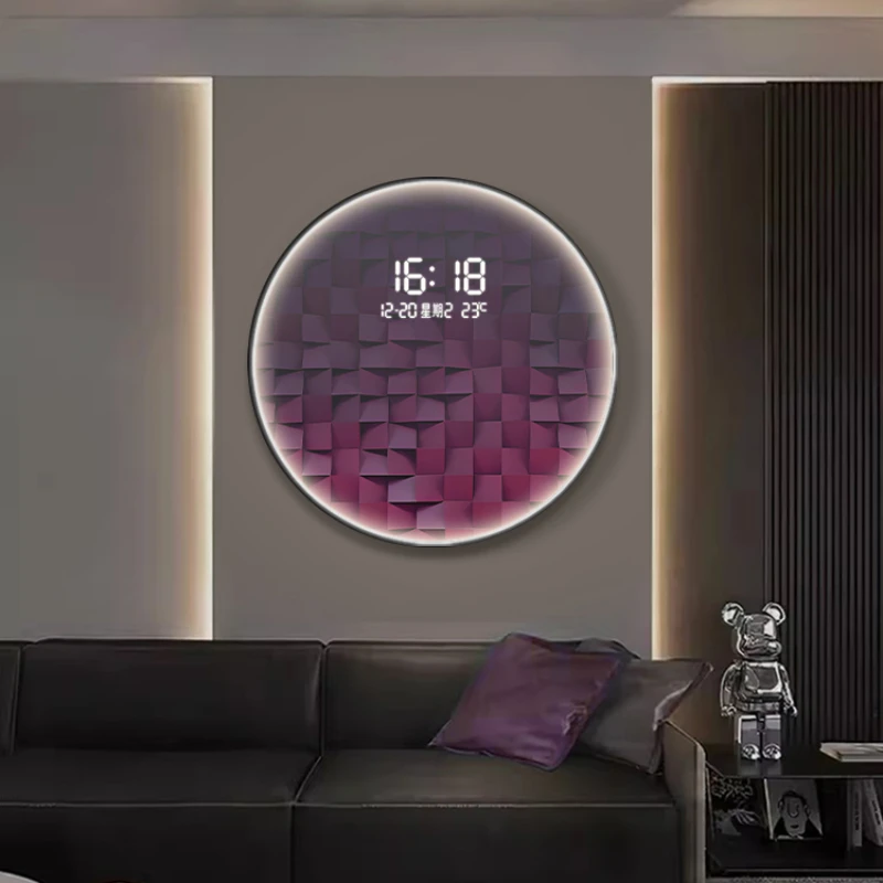 Light luxury gradient square living room decorative painting with LED wall clock restaurant creative light hanging picture clock