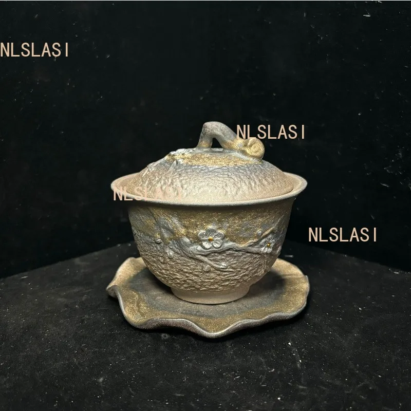 200ml Gold-plated Ceramic Plum Blossom Lid Bowl Large Capacity Three Piece Lid Bowl Household Tea Cup Tea Set