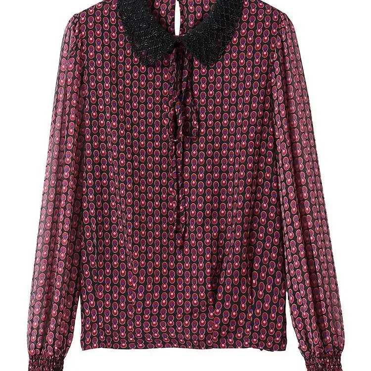 Top de manga comprida com renda feminina, camisa de assentamento, gola de boneca, blusa de chiffon, pontos de onda, nova moda, S-4XL, outono e inverno