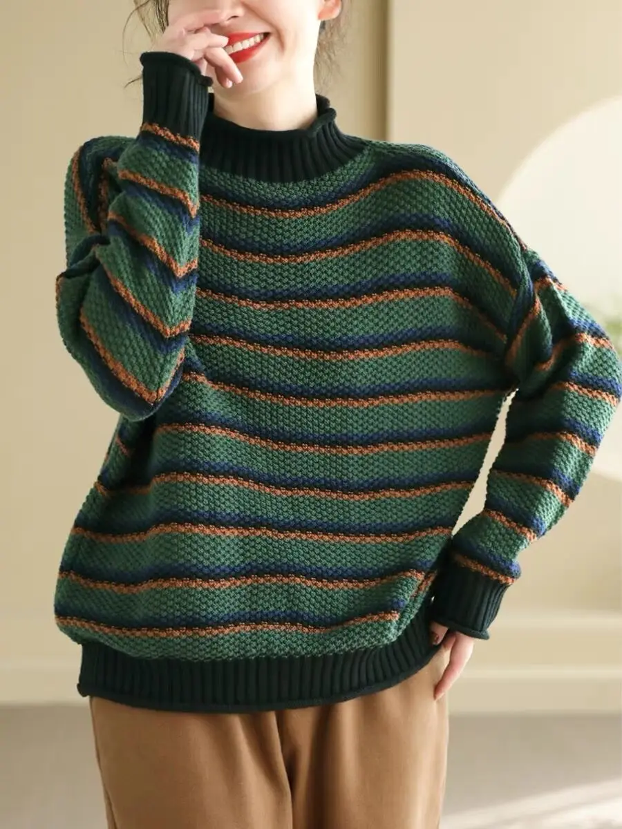 Autumn Winter Vintage Literary Loose Versatile Striped Women Sweater Fashion Turtleneck Elegant Casual Hipster Female Knitwear