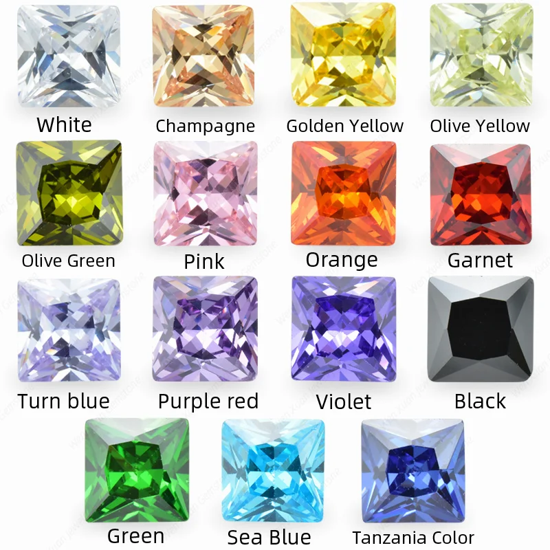 Cubic Zirconia Stone 2x2~14x14mm AAAAA Multicolor Square Shape Princess Cut Loose CZ Stones Synthetic Gems Beads For Jewelry