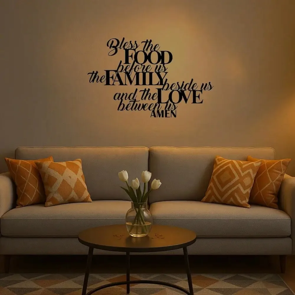 „Bless The Food Belove Us The Family Beside Us“ Minimalistische Wandkunst aus Metall – moderne wasserfeste Heimdekoration