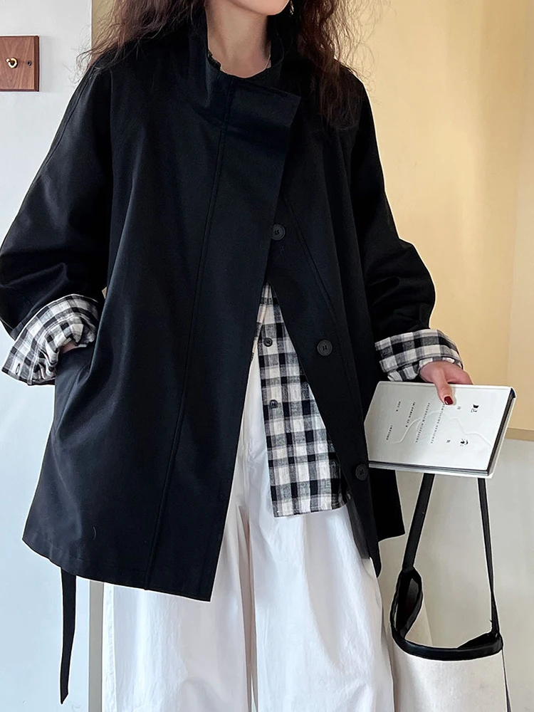 [EAM] Women Beige Big Size Plaid Belted Trench New Stand Collar Long Sleeve Windbreaker Fashion Tide Spring Autumn 2024 1DH4754