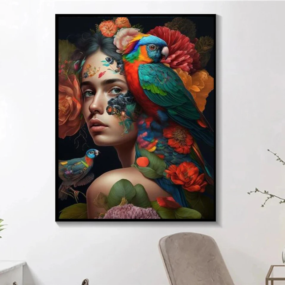 Full Drill Woman and Parrots Diamond Painting Cross Stitch Bird Rhinestone Diamond Embroidery Mosaic Portrait Festival Gift H490