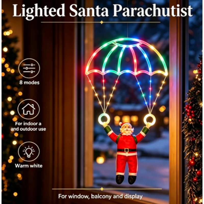 LED Christmas Parachute Lights with Santa Claus Usb Powered for Roof Eave Balcony Garden Christmas Festival Atmosphere Decor ﻿