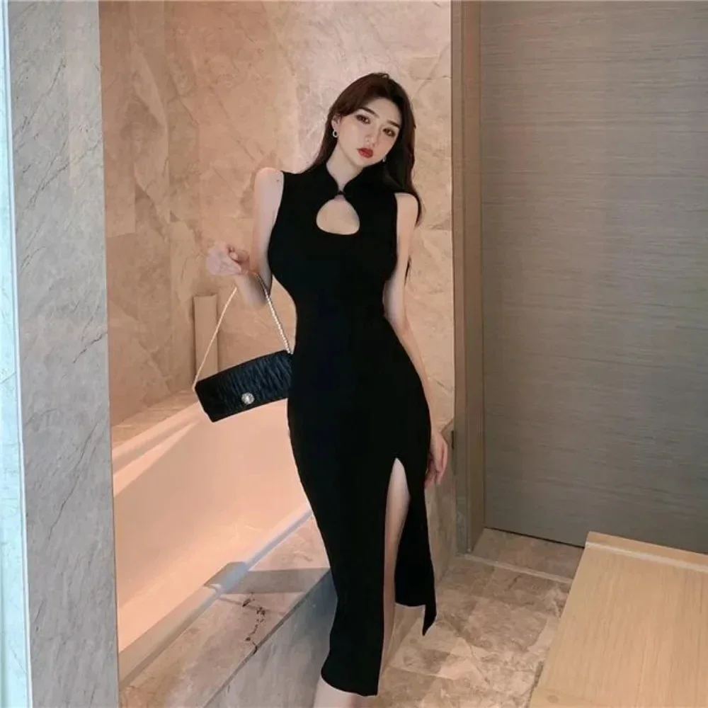 

Improved Qipao Sleeveless Mid Length Cheongsam Temperament Wrapped Waist Tight Wrapped Hip Sexy Dress Summer New Split Dress