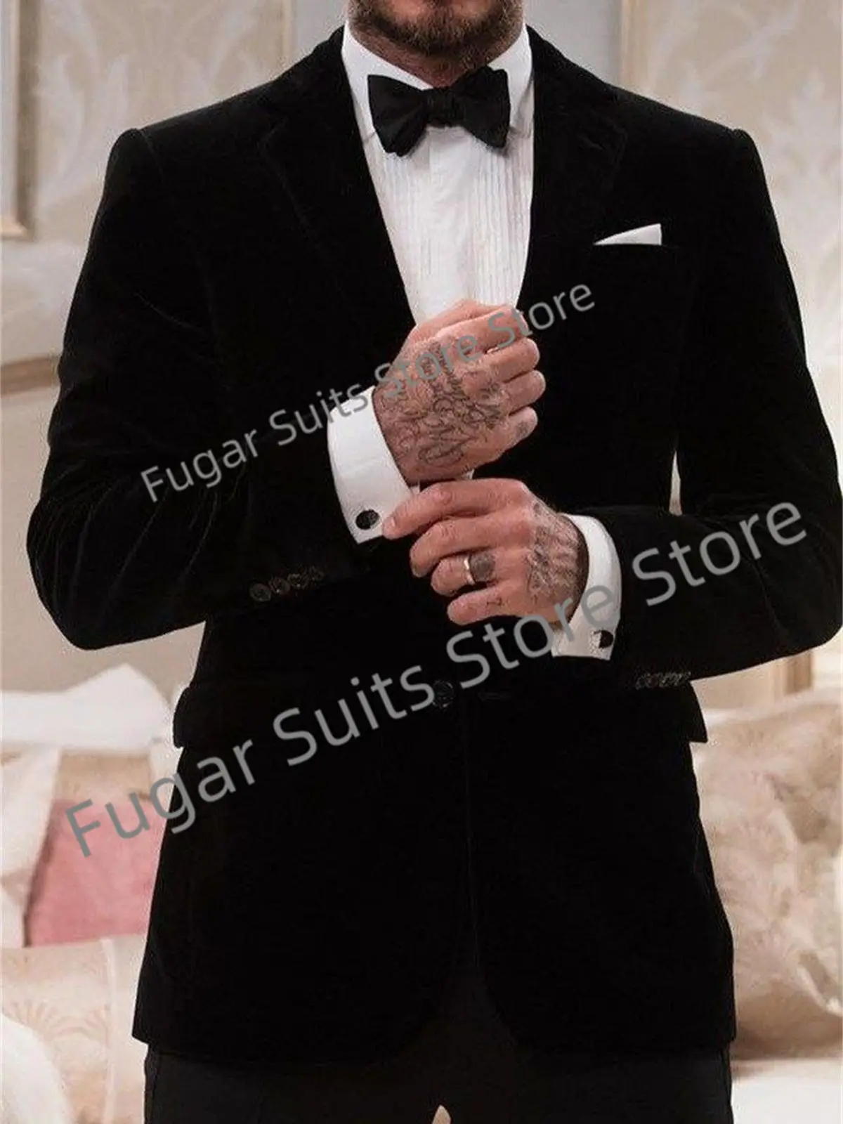 

Luxuly velour Black Wedding Men Suits Slim Fit Notched Lapel Groom Tuxedos Prom 2 Pieces Sets Business Male Blazer Costume Homme