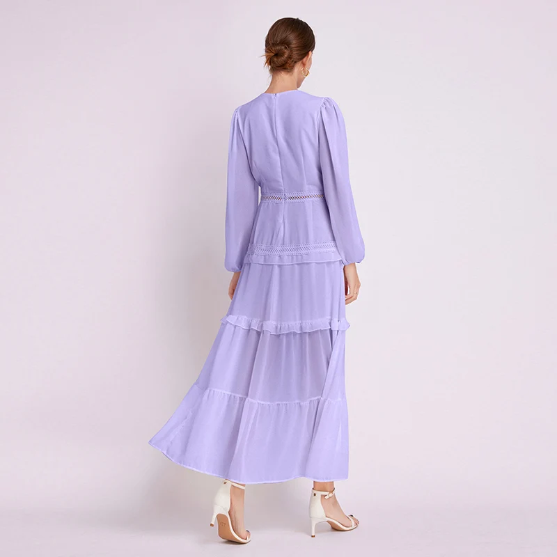 Lange Sve V-Ne Ruche Zoom Splice Grote Schommel Dr Nieuwe Herfst 2024 Ele Lady Sle Midi Rok Polyester Stof Lantaarn...