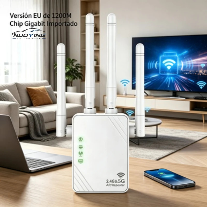 Répéteur sans fil double bande longue portée 1200 Mbps, amplificateur WiFi haute vitesse 5 GHz, amplificateur de réseau efficace, corrige les zones mortes pour la connexion Internet domestique en intérieur