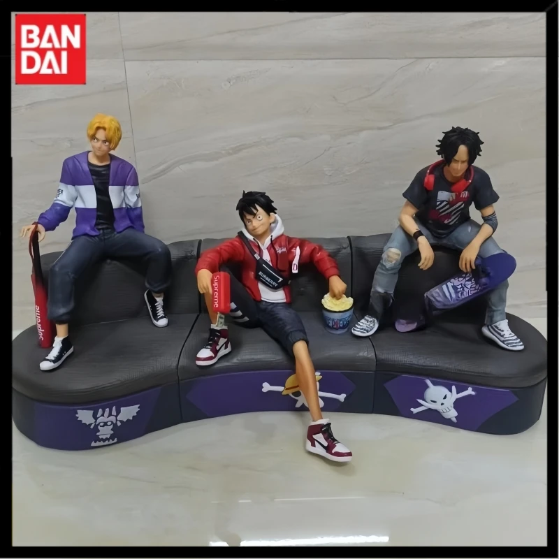 New 23cm BANDAI ONE PIECE fashion style Luffy Ace Sabo Three brothers sofa model Pvc figure collection ornaments toys