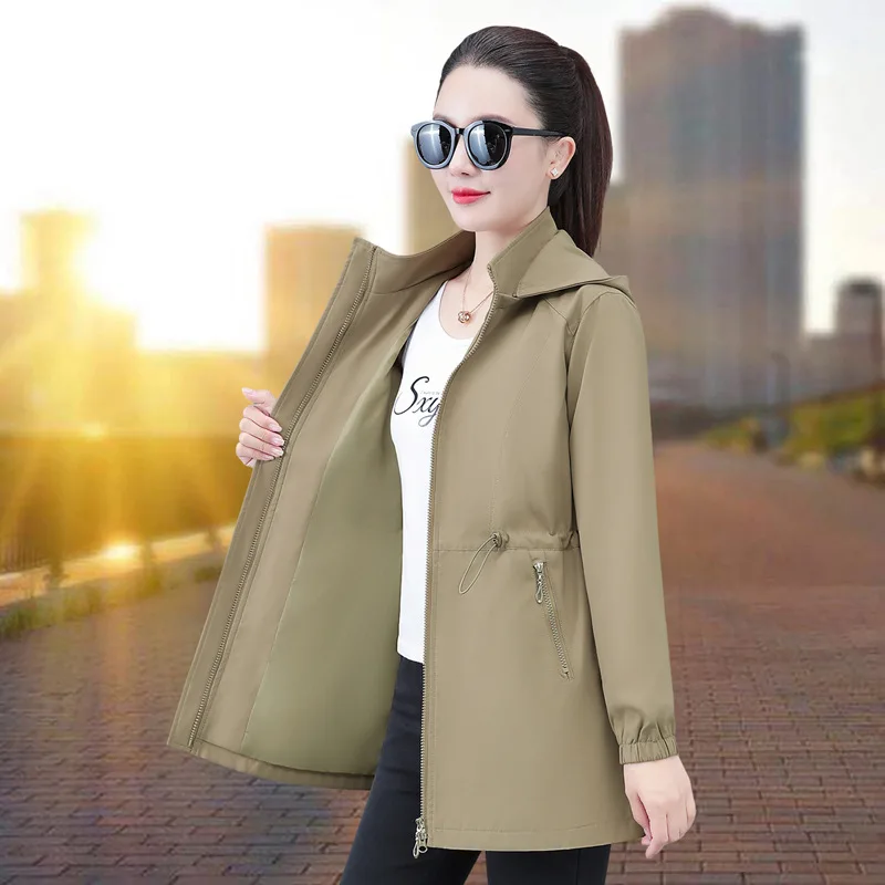 

Весенне-осенний женский плащ цвета хаки, новые однотонные ветровки средней длины с капюшоном, женские повседневные топы, верхняя одежда Gabardina Mujer