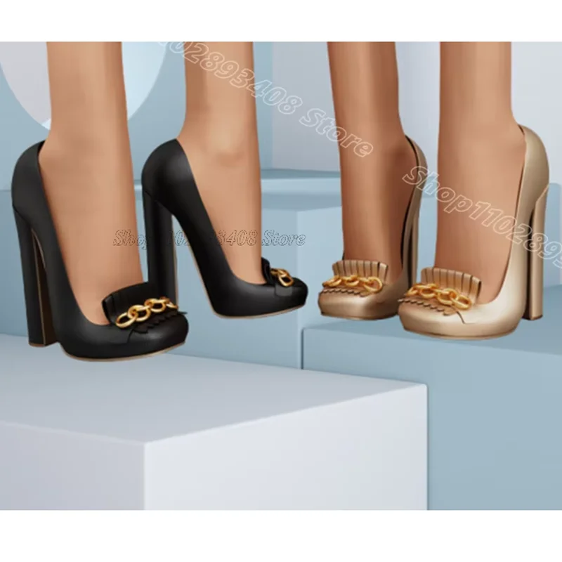 

Black Chain Decor Stiletto Pumps Chunky Heels Slip on British Style Fashion Summer Dress Women Shoes 2025 Zapatos Para Mujere