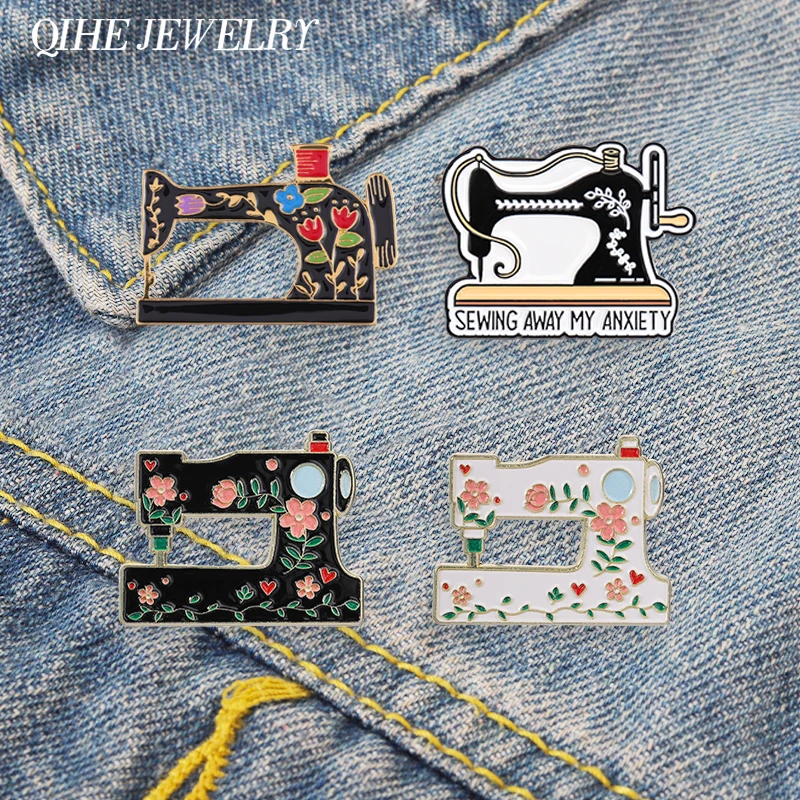 Vintage Nähmaschinen-Emaille-Pin, Romantische Retro-Blumen-Nähmaschinen-Brosche, Taschen- und Revers-Anstecknadel, Geschenk für Näherinnen und Bastler