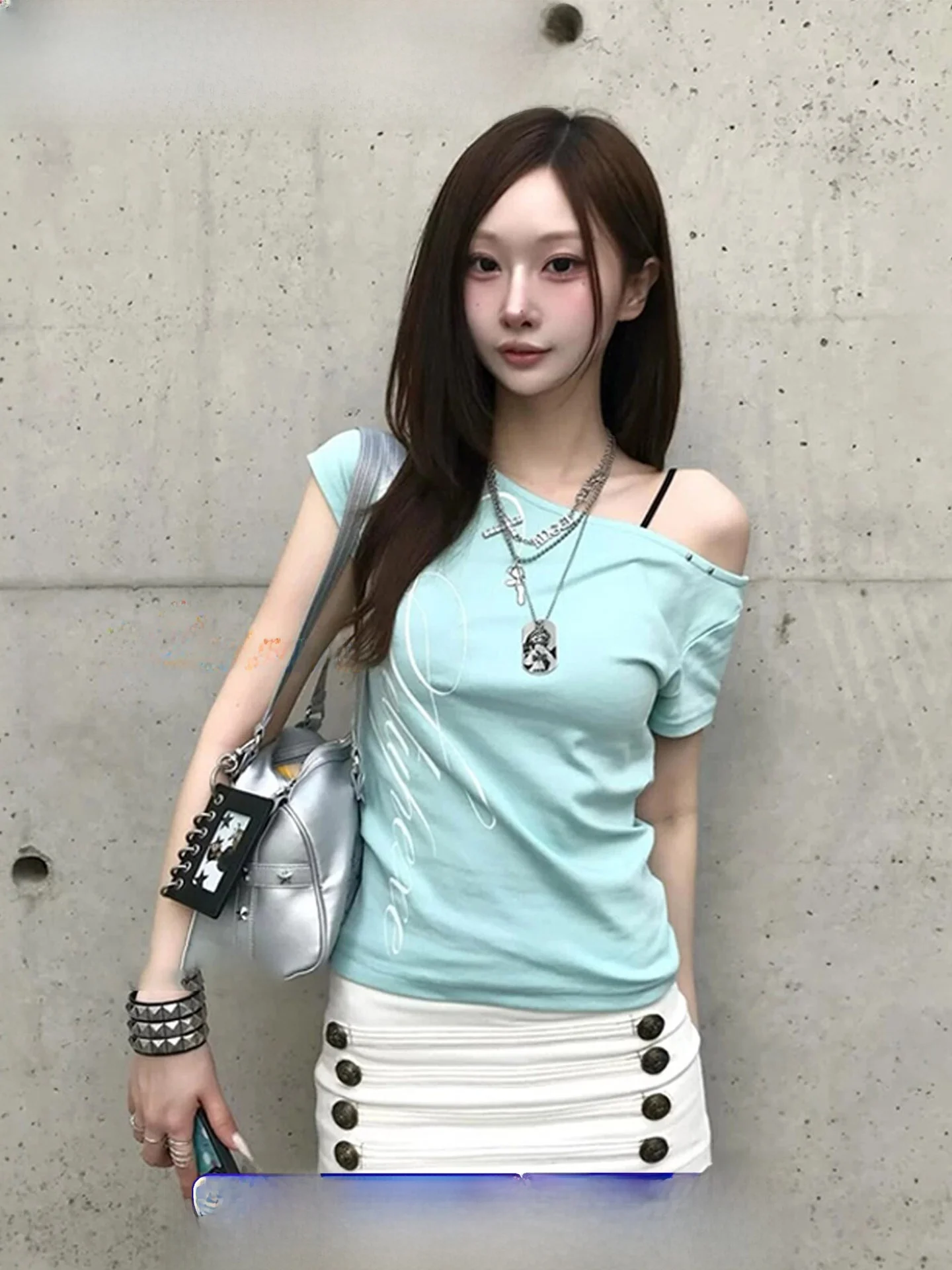 Korean Style Spaghetti Strap Lace Hollow out Short Sleeve T-Shirt Women's Mint Green Pure Desire Fashion Summer Top