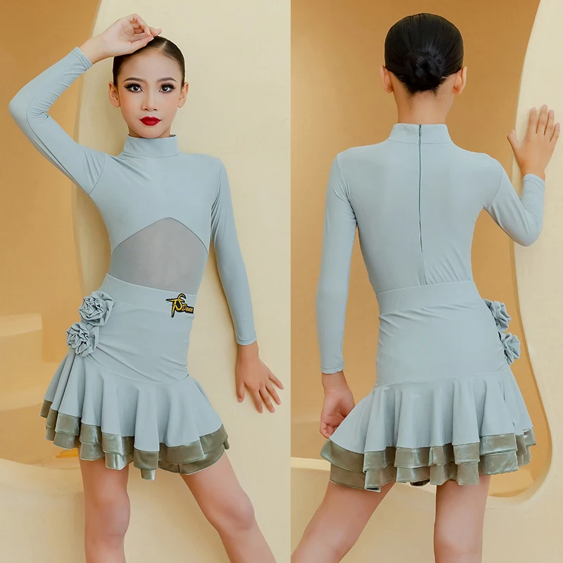 2025 vestido de actuación de baile latino para niñas, falda superior de malla de manga larga, trajes Samba Chacha Tango, ropa de escenario latino DN22419