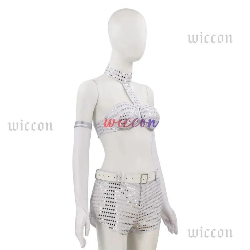 Movie Austin Powers Cosplay Woman Robot Costume Sexy Top Bra shorts Suit Stage Performance Outfit Halloween Party Sliver Clothes