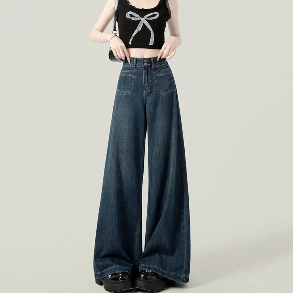 

Узкие прямые джинсы с высокой талией в стиле ретро для женщин, свободные широкие джинсы длиной до пола, весенне-осенний стиль, ленивые джинсы