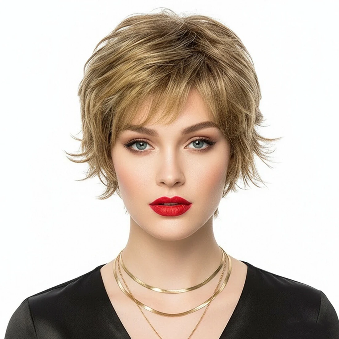 

Synthetic Short Pixie Cut Blonde Wigs Curly Layered Wig with Fluffy Bangs for Women Daily Wear Heat Resistant Fake Hair