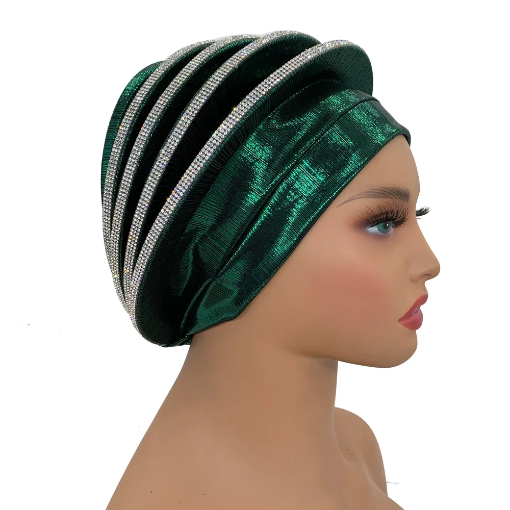 Afrcian Lady Head Wraps Female Berets Turban Nigeria Headpiece Wedding Party Gele Luxury Diamonds Spiral Beret Turban dla kobiet