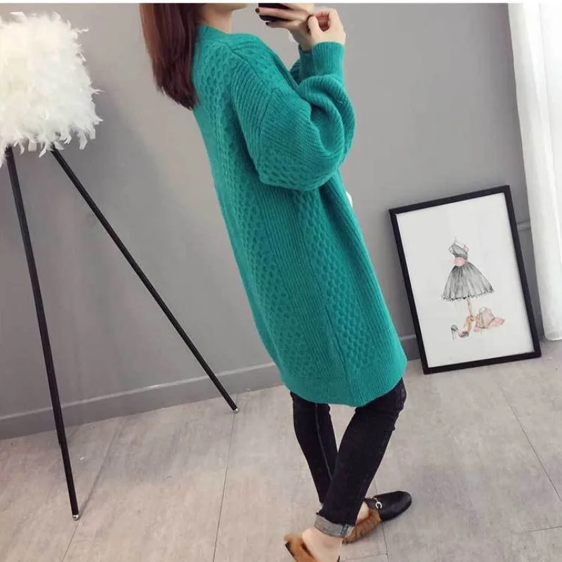 Women\'s Vintage Solid Color Sweater Cardigan 2023 Autumn and Winter Korean Loose Long Sleeve Office Lady V-Neck Knitted Coat