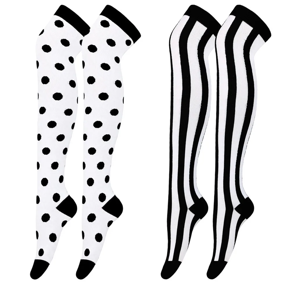 Halloween Over The Knee Socks Black White Polka Dot Striped Thigh High Sock Cosplay Costume Stocking for Women Party Fancy Dress
