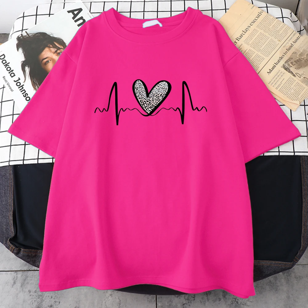 Fluctuating Leopard Heart Electrocardiogram T-Shirt Women Summer Soft Clothing Fashion Short Sleeve Plus Size Cotton Tshirts