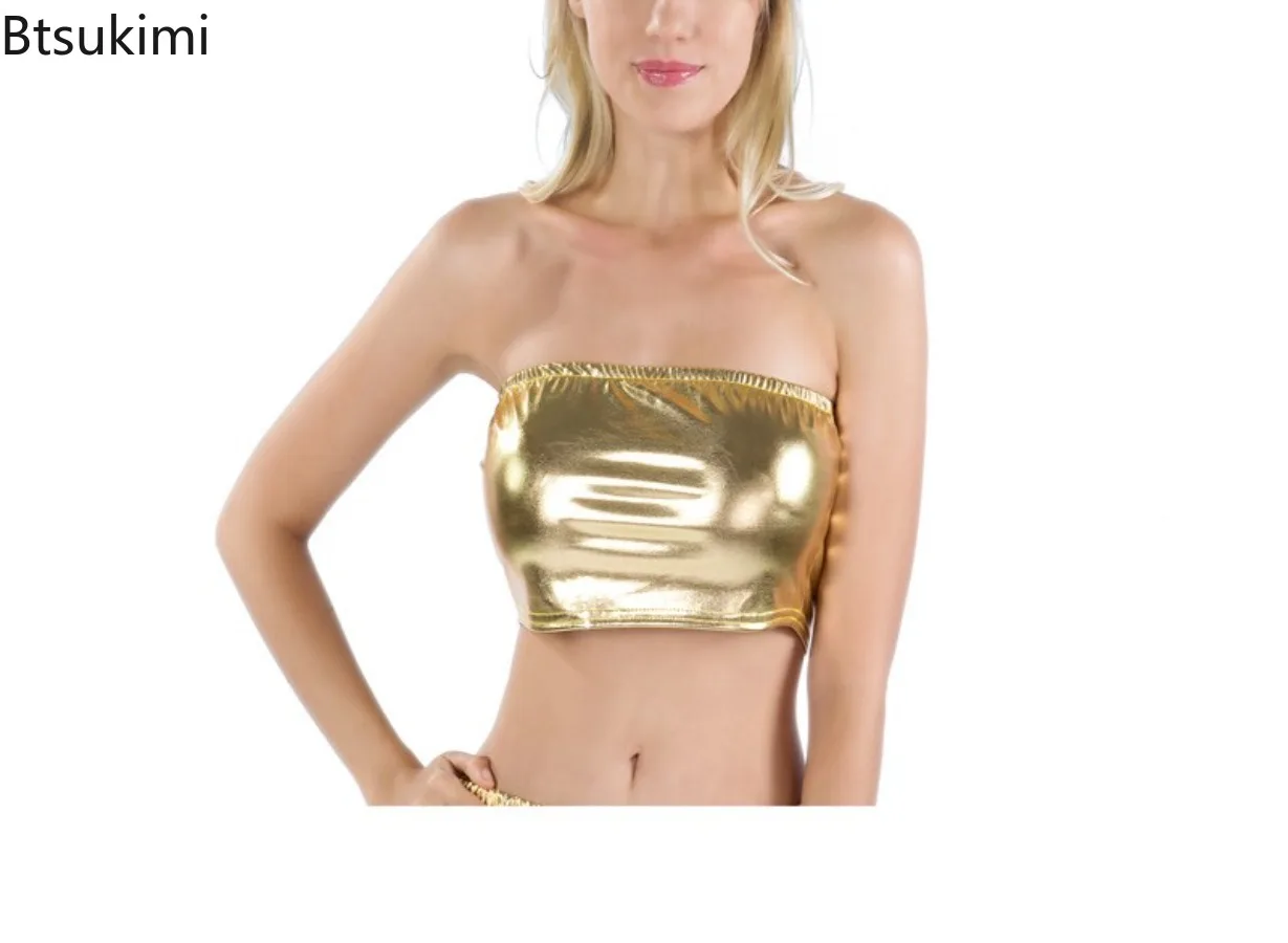 New Women Wrap Seamless Tube Top Pu Leather Solid Color Tube Tops Retro Performance Seamless Crop Tops Sexy Tube Tops for Women